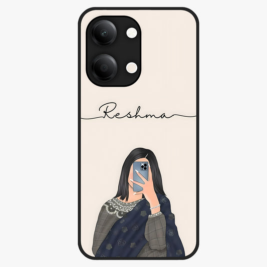 Mirror Mood Muse With Custom Name Glass Case showing flat back view with stylish mirrored artwork and personalized name design.