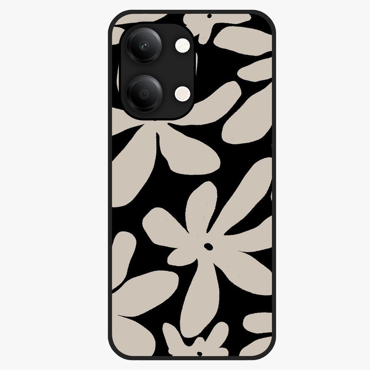 Monochrome Petal Dance Glass Case showing flat back view with monochrome floral artwork and glossy glass finish.