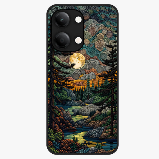 Moonlight Forest Dream Glass Case showing flat back view with mystical forest moonlight artwork and glossy glass finish.
