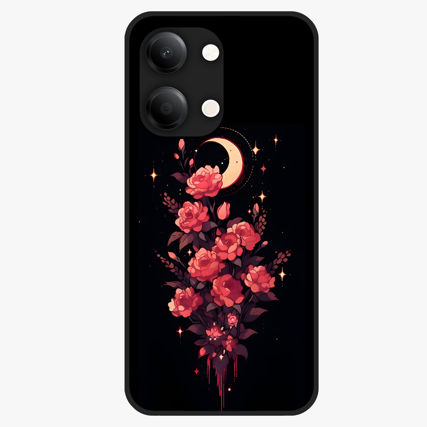 Moonlit Floral Elegance Glass Case showing flat back view with elegant floral artwork under moonlit tones and glossy glass finish.