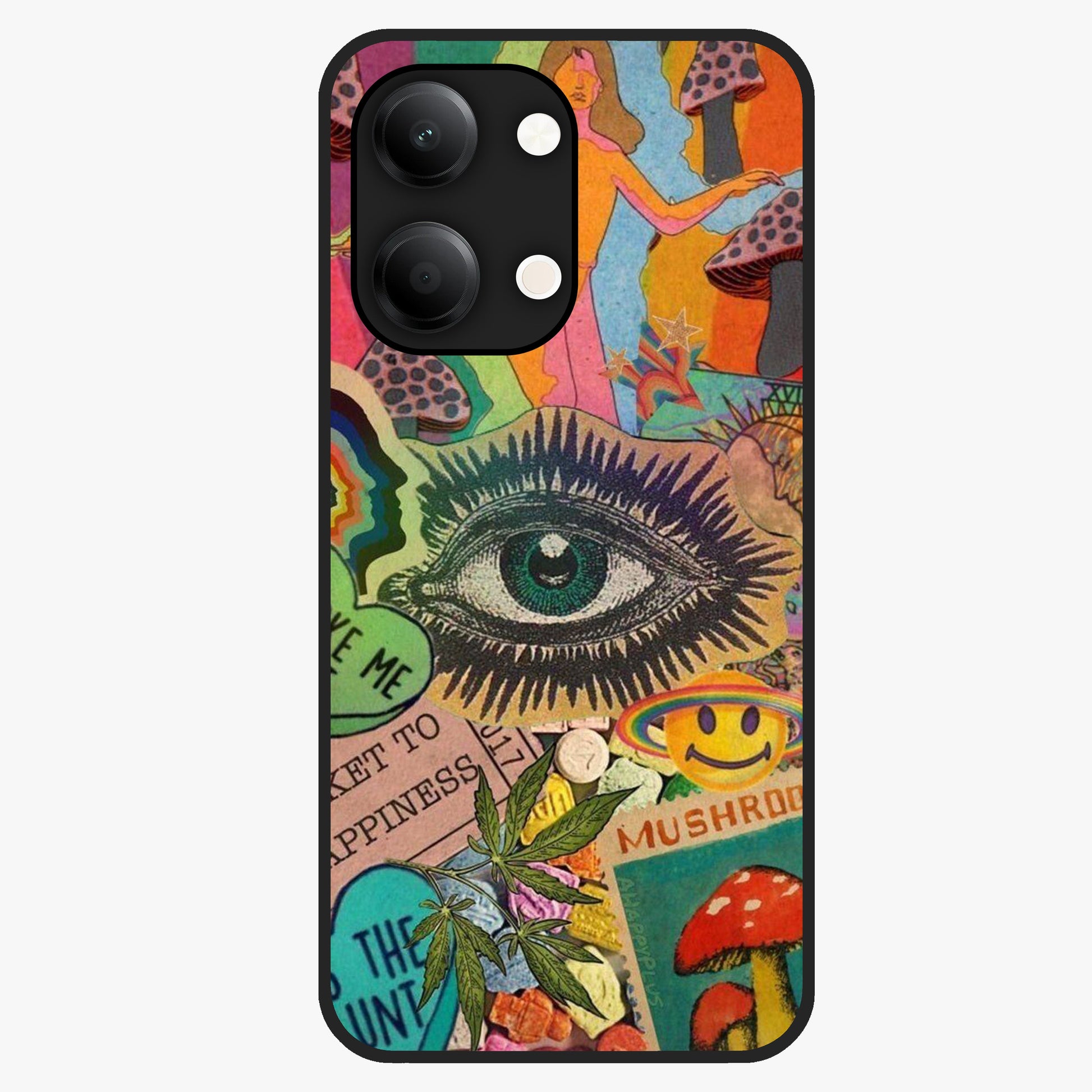 Mystic Eye Wonderland Glass Case showing flat back view with mystical eye themed artwork and glossy glass finish.