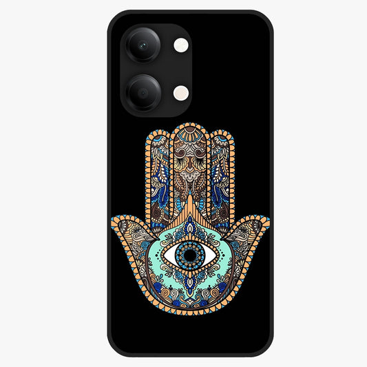Mystic Hamsa Eye Glass Case showing flat back view with protective hamsa hand and evil eye artwork and glossy glass finish.