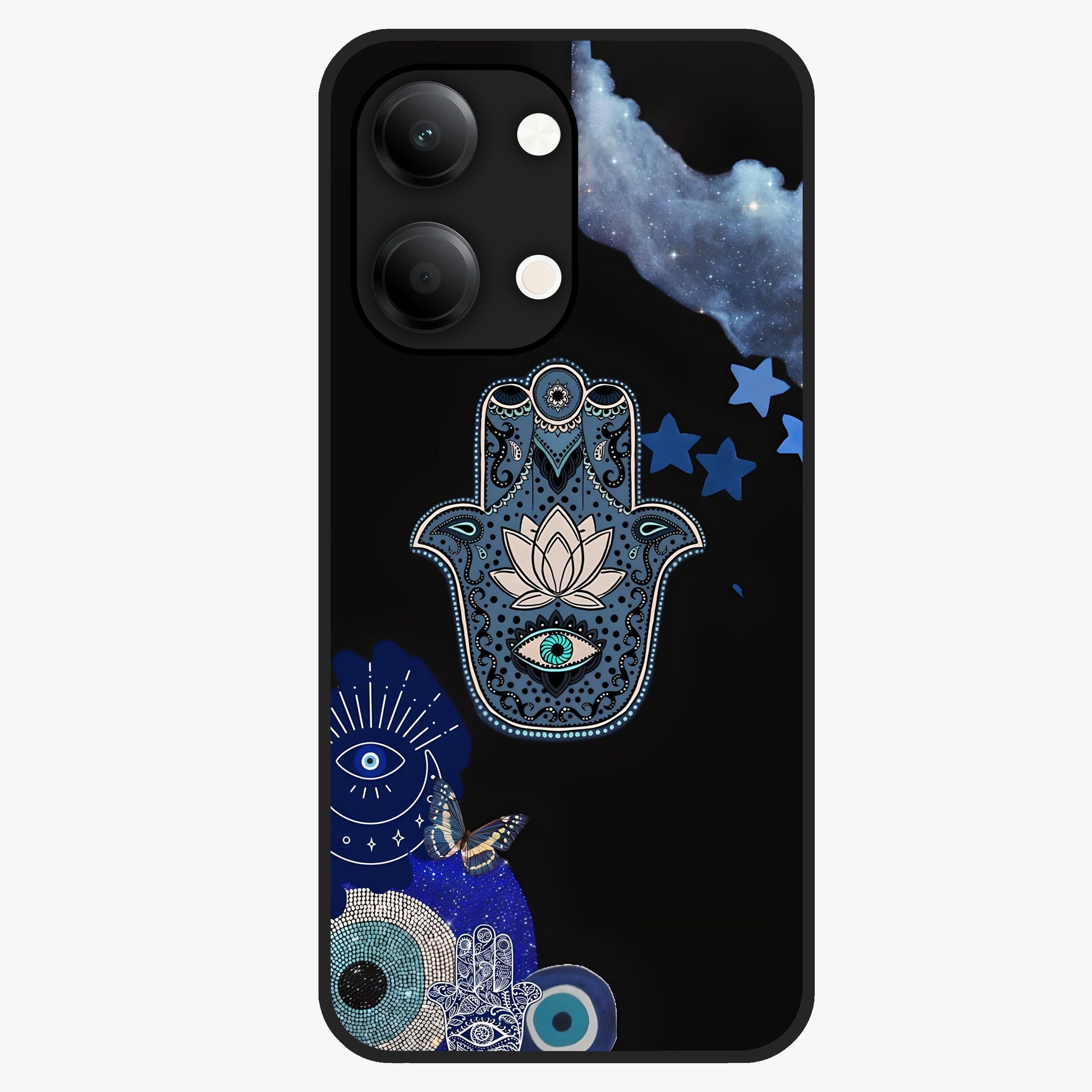 Mystic Hand Aura Glass Case showing flat back view with mystical hand symbol artwork and glossy glass finish.