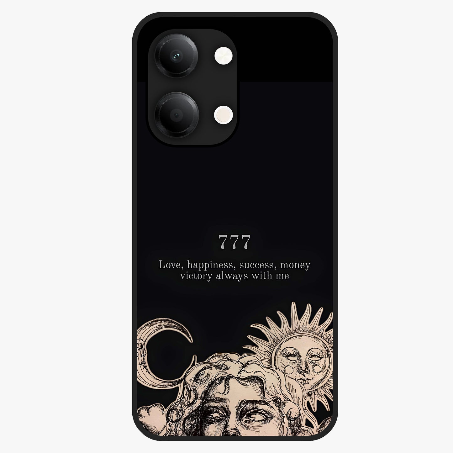 Mystic Victory Aura Glass Case showing flat back view with victory symbol artwork and glossy glass finish.