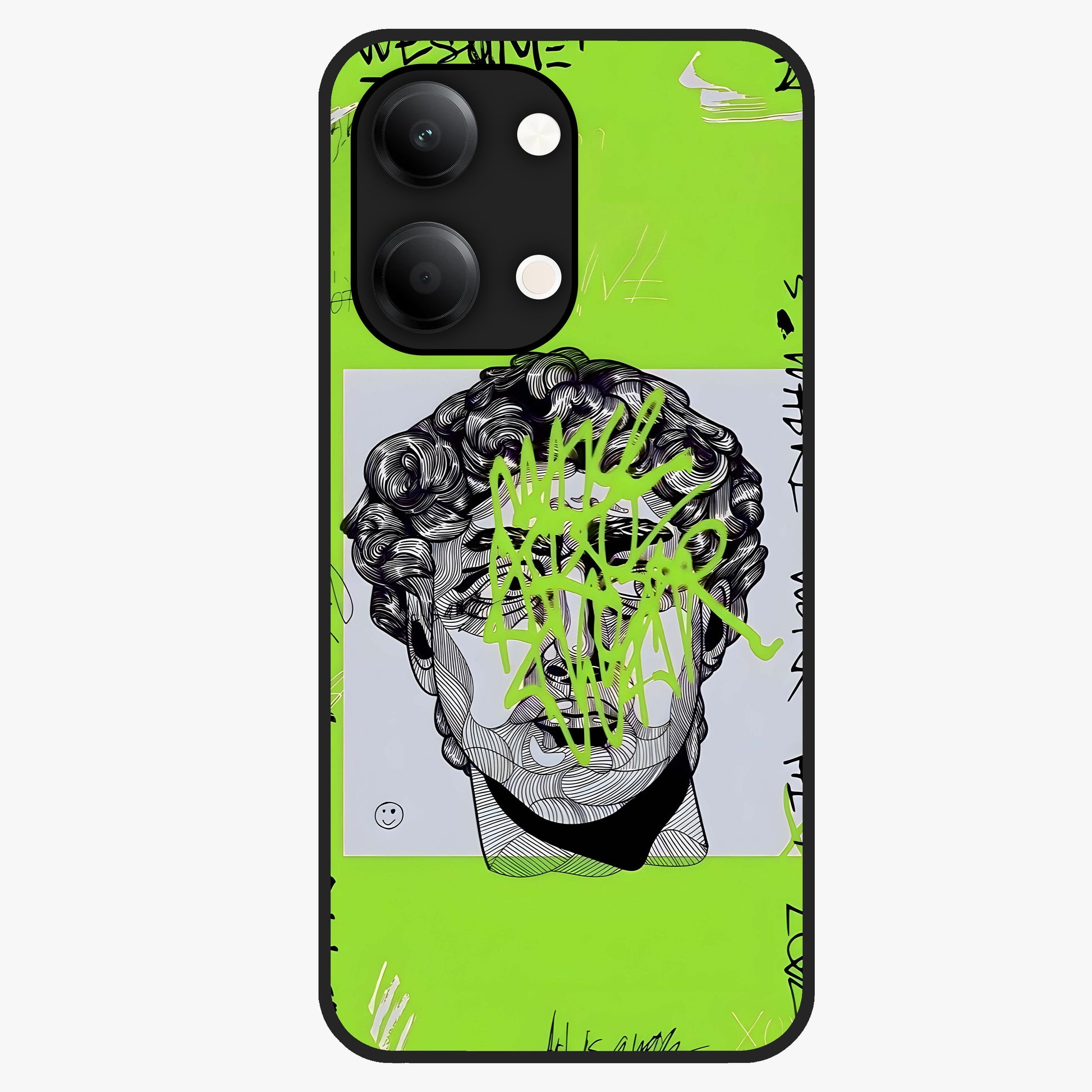 Neo Graffiti Rebellion Glass Case showing flat back view with vibrant graffiti artwork and glossy glass finish.