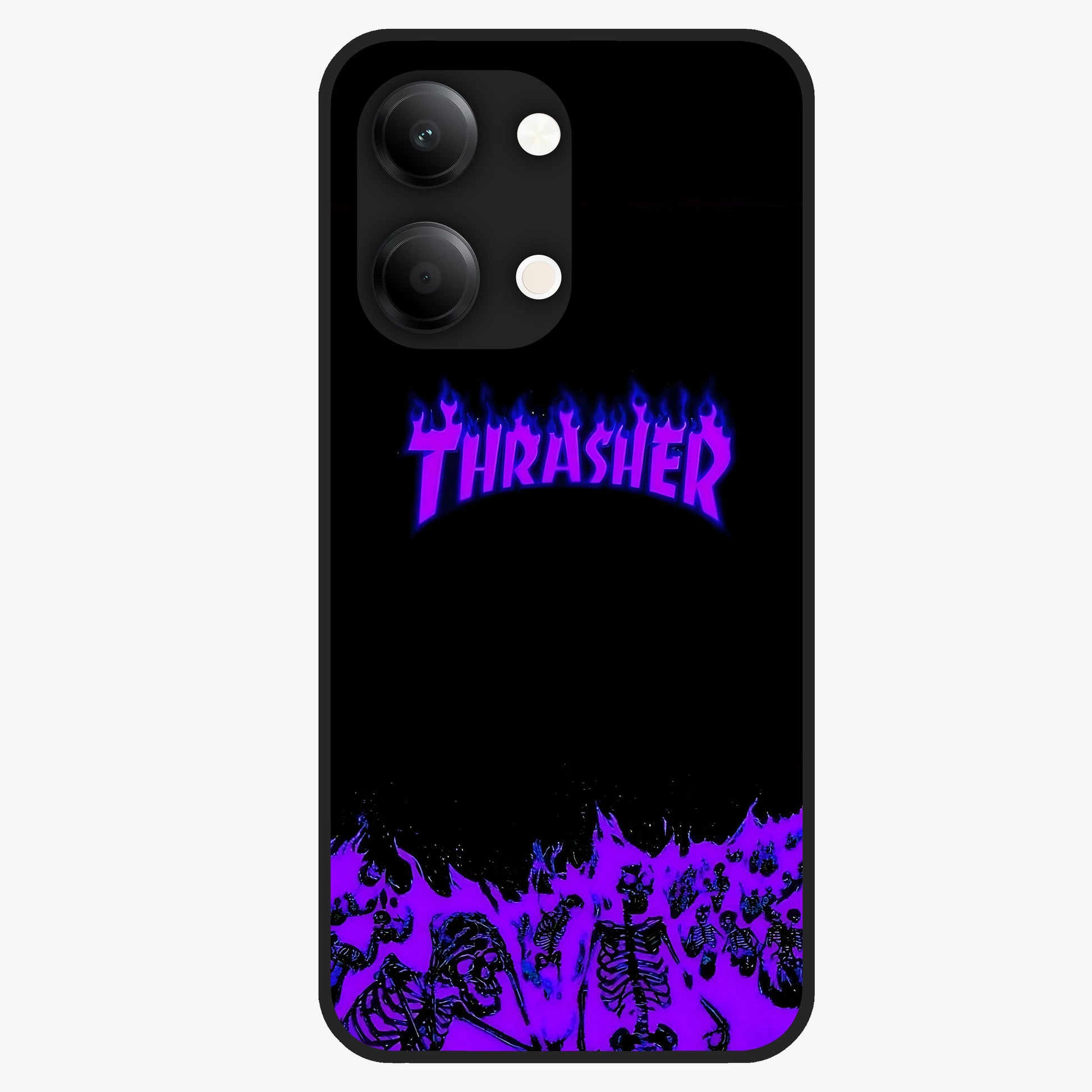 Neon Flame Riot Glass Case showing flat back view with neon flame artwork and glossy glass finish.