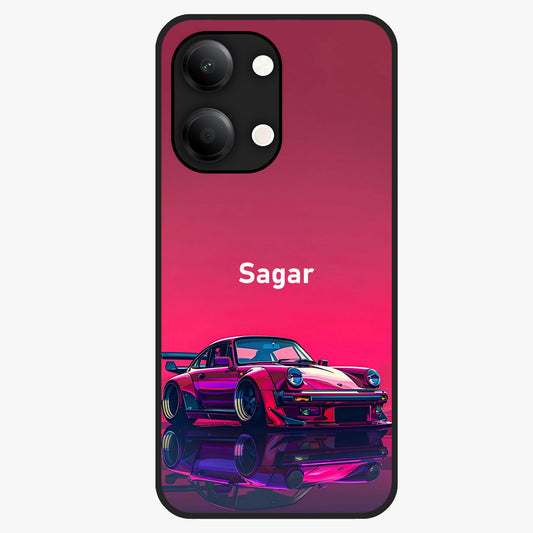 Neon Pink Porsche Glass Case showing flat back view with stylish sports car artwork and glossy glass finish.