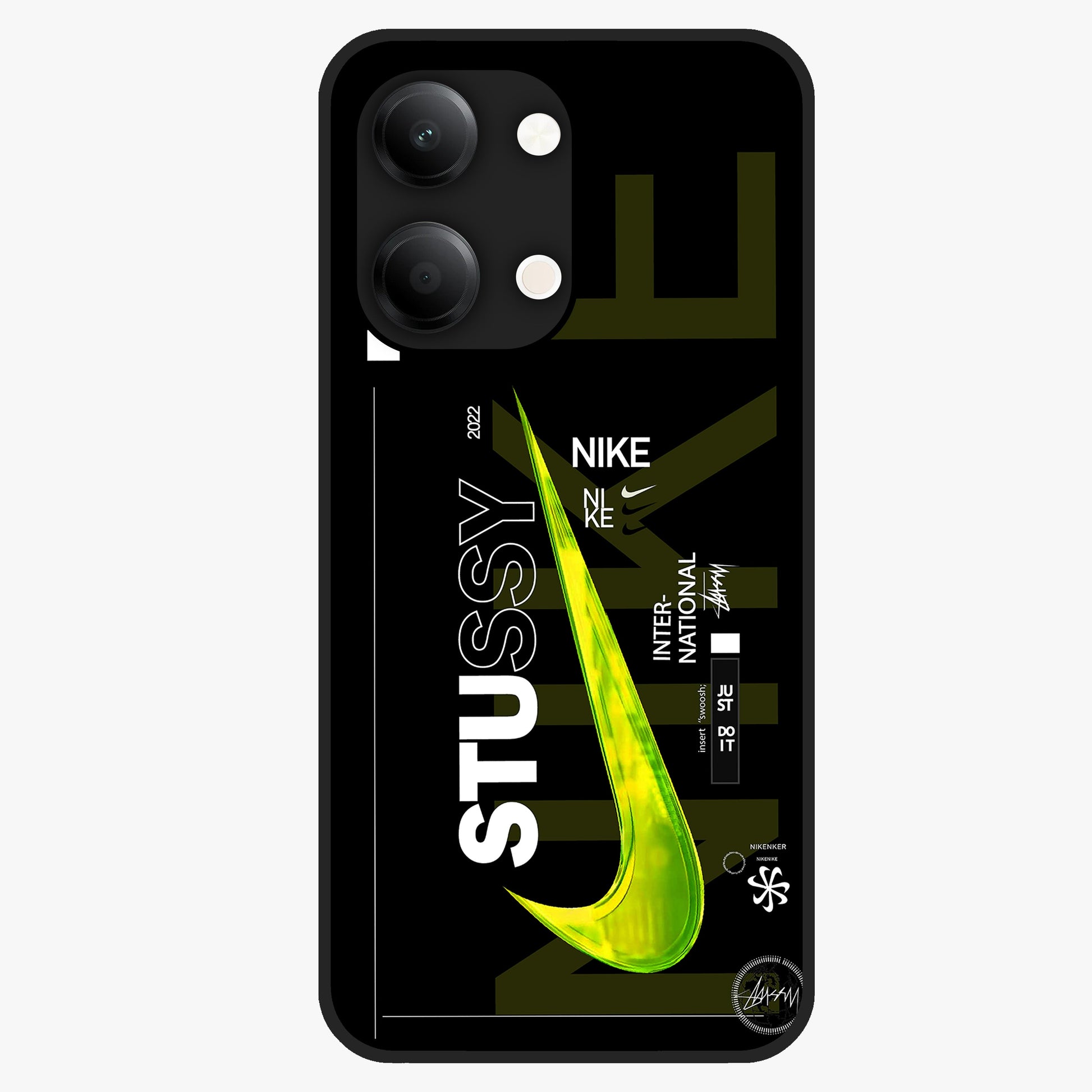 Neon Street Edition Glass Case showing flat back view with neon street style artwork and glossy glass finish.