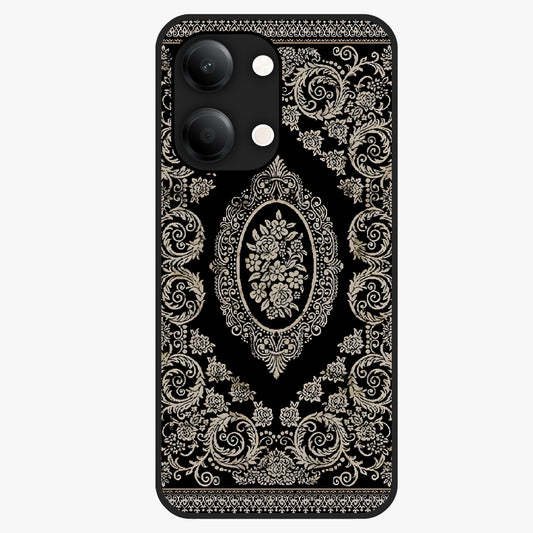 Noir Bloom Elegance Glass Case showing flat back view with elegant dark floral artwork and glossy glass finish.