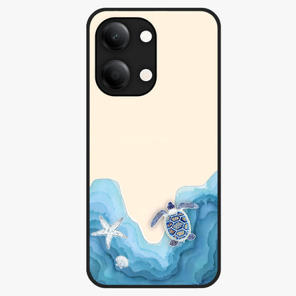Ocean Drift Turtle Glass Case showing flat back view with sea turtle artwork and glossy glass finish.