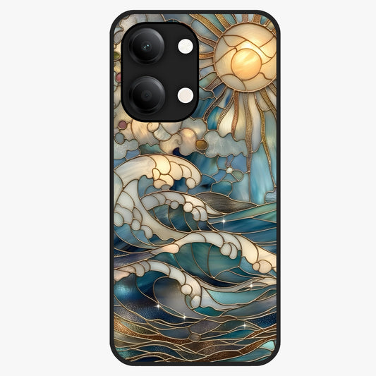Oceanic Stained Printed Glass Case showing flat back view with ocean inspired stained pattern artwork and glossy glass finish.