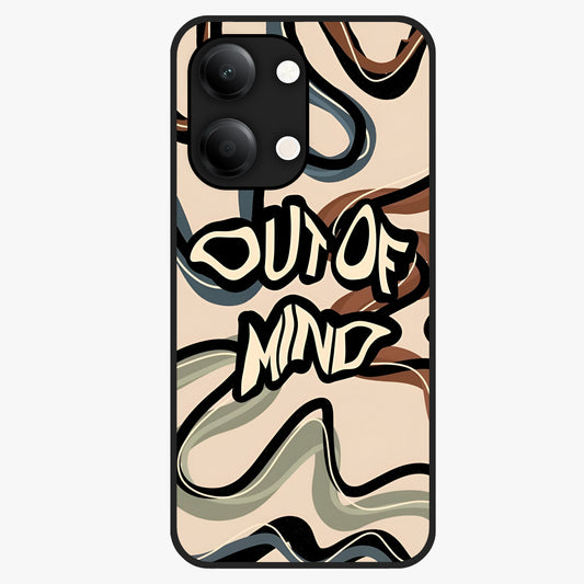 Out Of Mind Glass Case showing flat back view with expressive typography artwork and glossy glass finish.