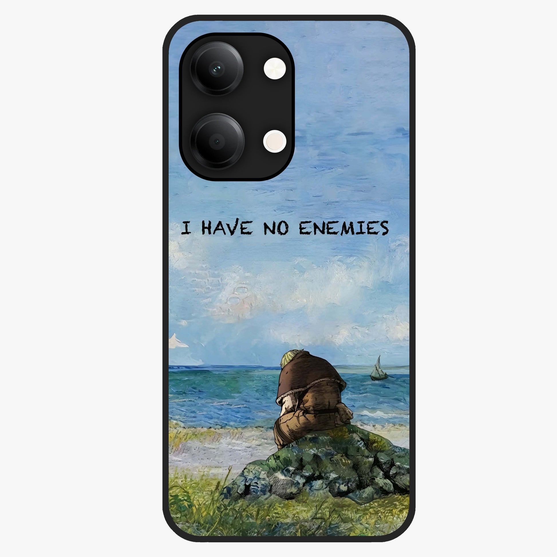 Peace Beyond War Glass Case showing flat back view with symbolic peace themed artwork and glossy glass finish.
