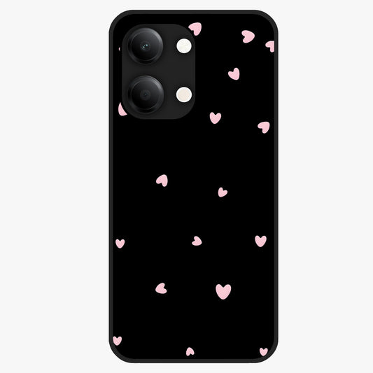Pink Love Drops Glass Case showing flat back view with playful pink heart drops artwork and glossy glass finish.