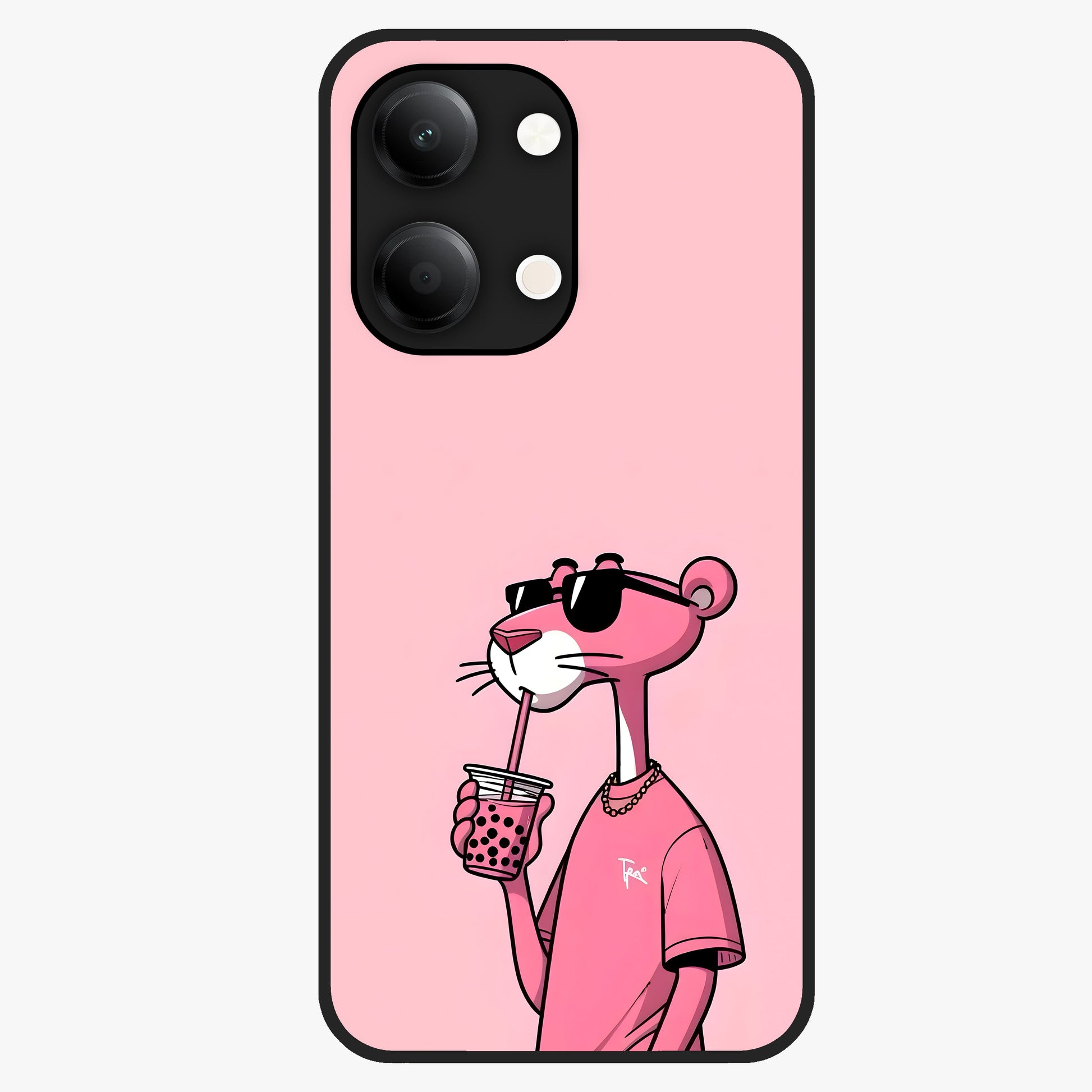 Pink Panther Glass Case showing flat back view with iconic pink panther artwork and glossy glass finish.
