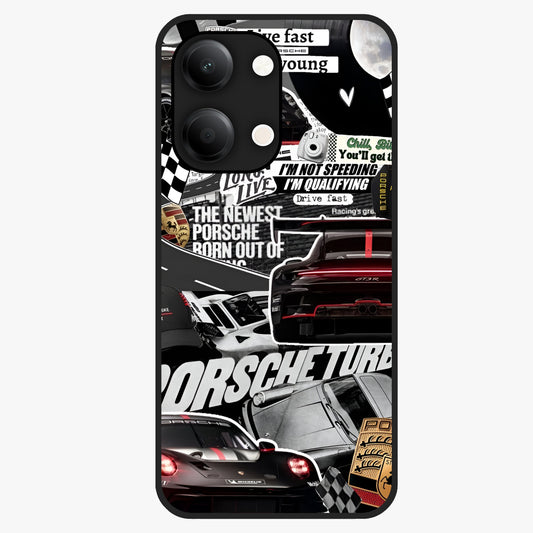 Porsche Racing Collage Glass Case showing flat back view with sports car racing collage artwork and glossy glass finish.