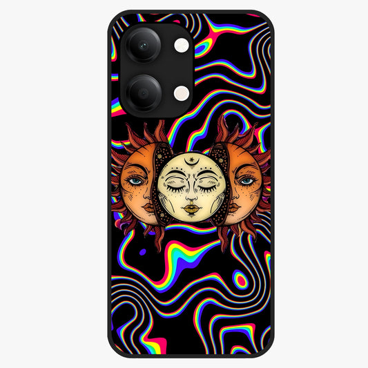 Psychedelic Sun Glass Case showing flat back view with colorful psychedelic sun artwork and glossy glass finish.