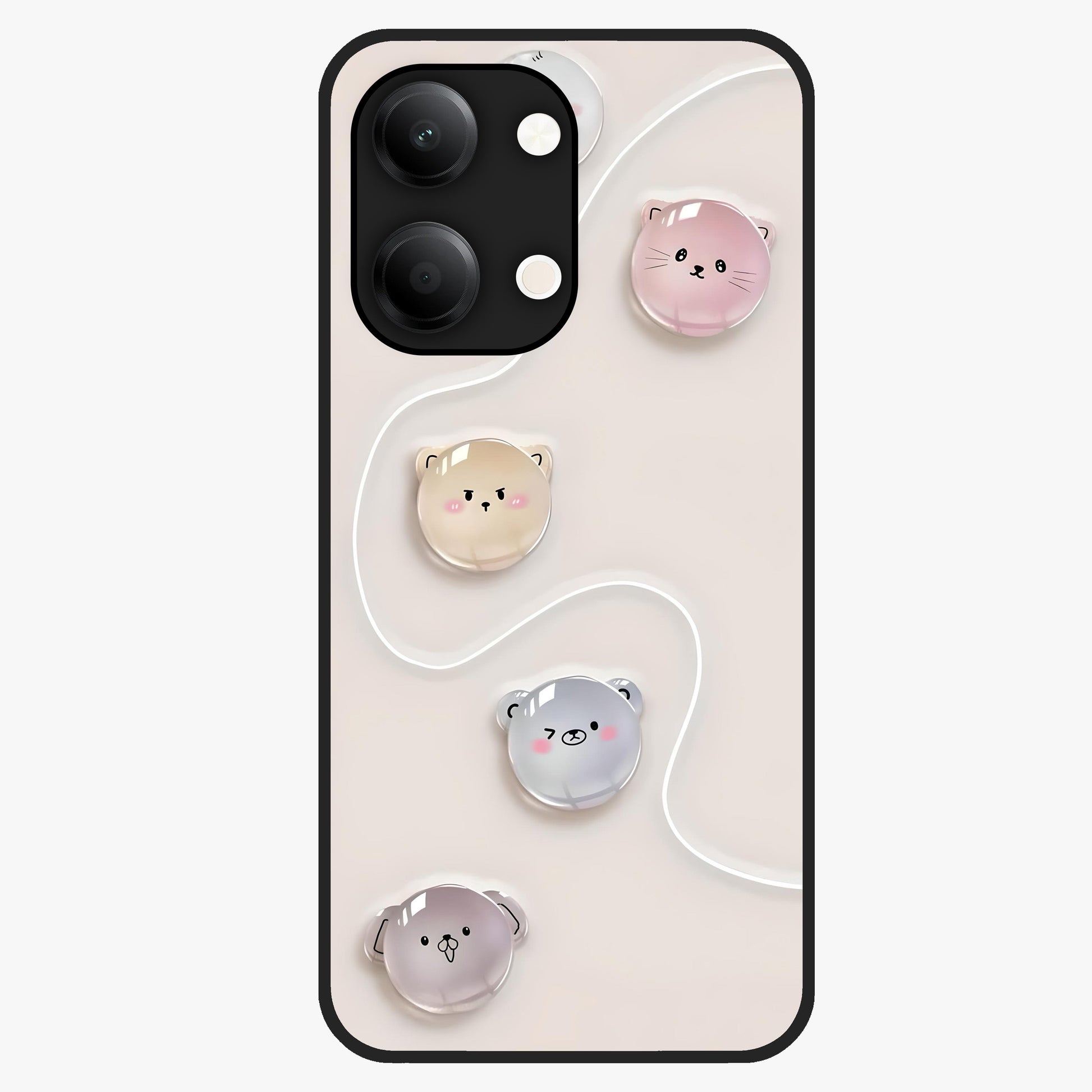 Puffy Face Parade Glass Case showing flat back view with cute puffy character faces artwork and glossy glass finish.