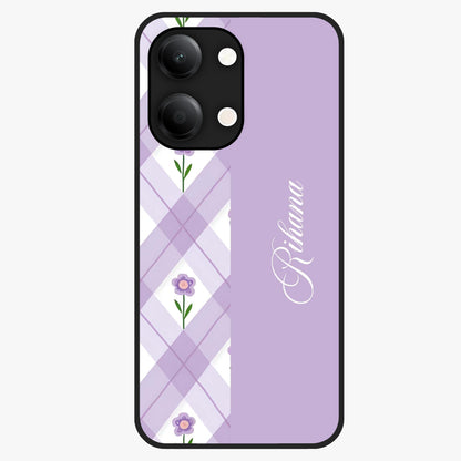 Purple Diamond Floral Glass Case showing flat back view with diamond shaped floral artwork and glossy glass finish.