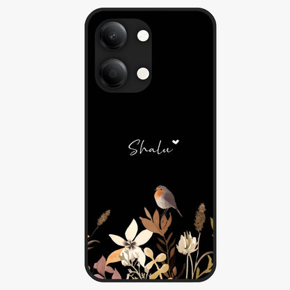 Quiet Garden Tune Custom Name Glass Case showing flat back view with peaceful garden artwork and personalized name design.
