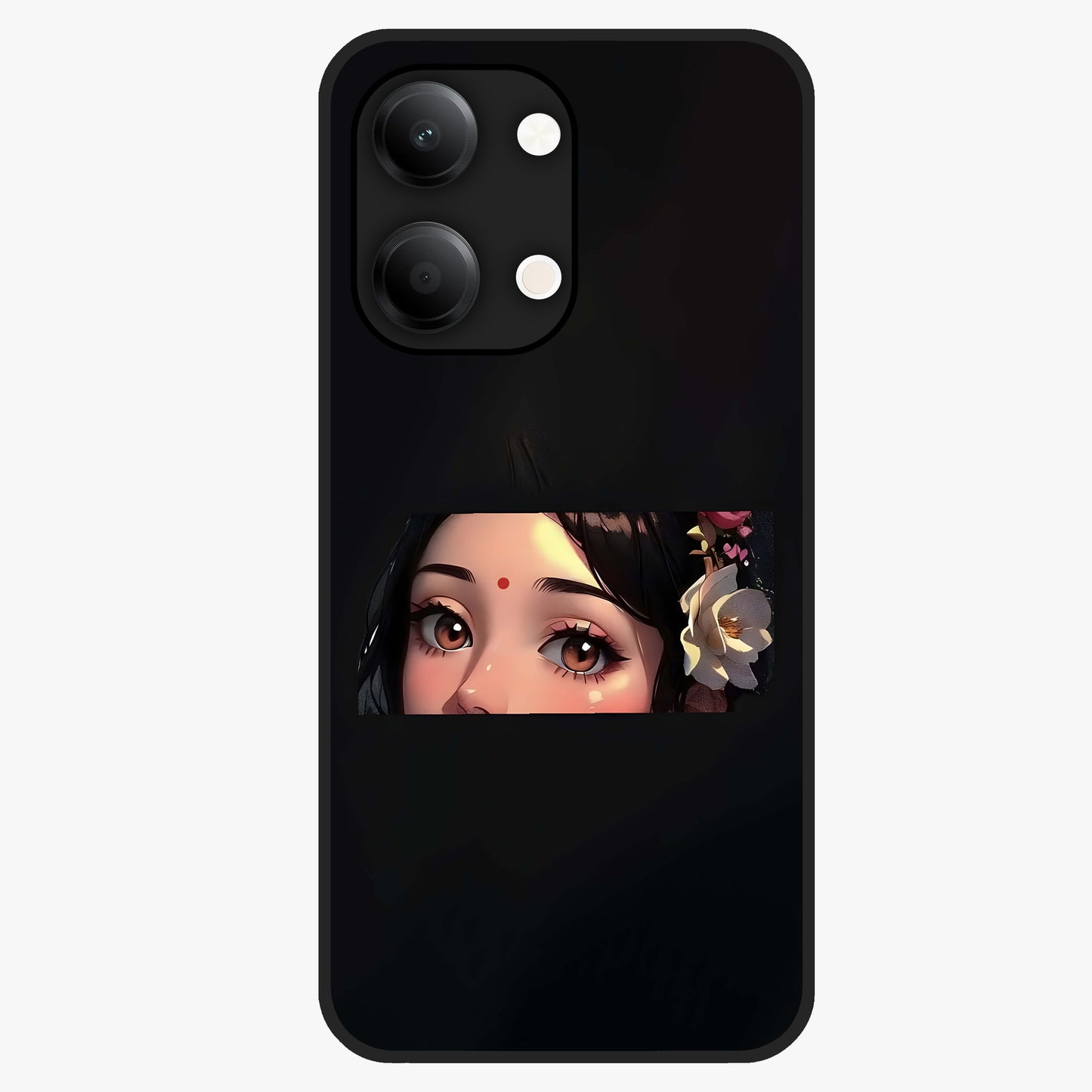 Radha Divine Embrace Glass Case showing flat back view with devotional Radha artwork and glossy glass finish.