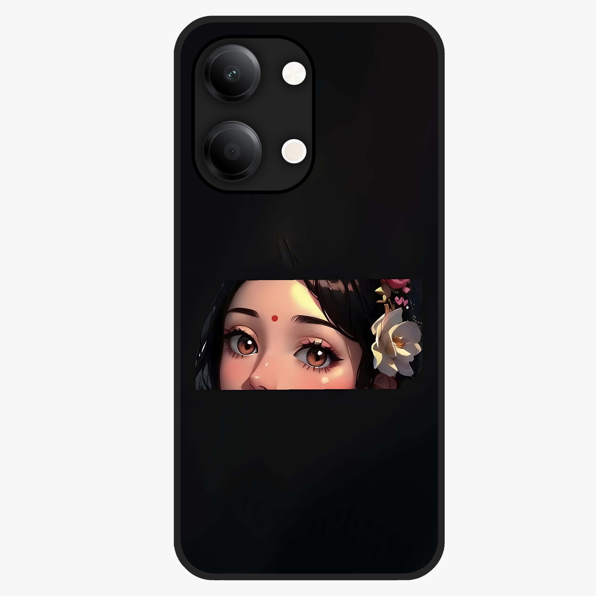 Radha Divine Embrace Glass Case showing flat back view with devotional Radha artwork and glossy glass finish.
