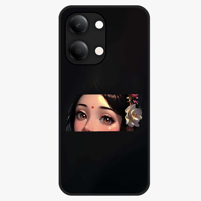 Radha Divine Embrace Glass Case showing flat back view with devotional Radha artwork and glossy glass finish.