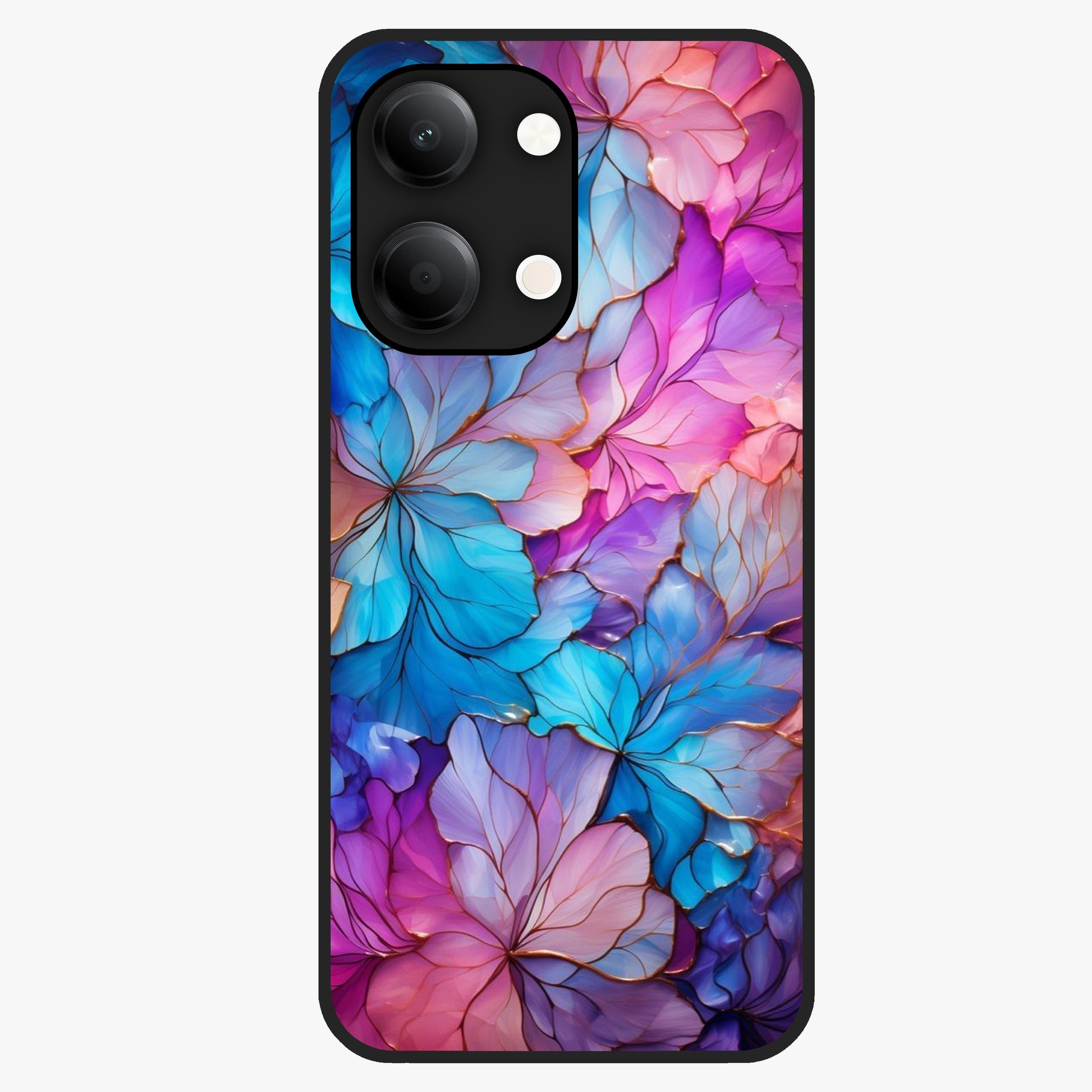 Radiant Floral Whirl Glass Case showing flat back view with swirling floral artwork and glossy glass finish.