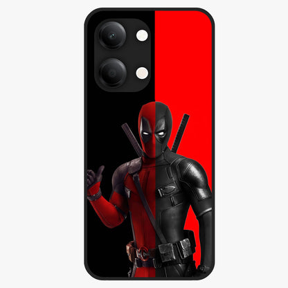 Red & Black Deadpool Theme Glass Case showing flat back view with bold comic inspired artwork and glossy glass finish.
