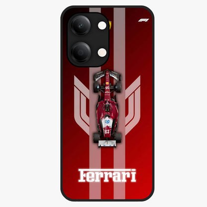 Red Ferrari F1 Vertical Glass Case showing flat back view with sleek Formula racing car artwork and glossy glass finish.