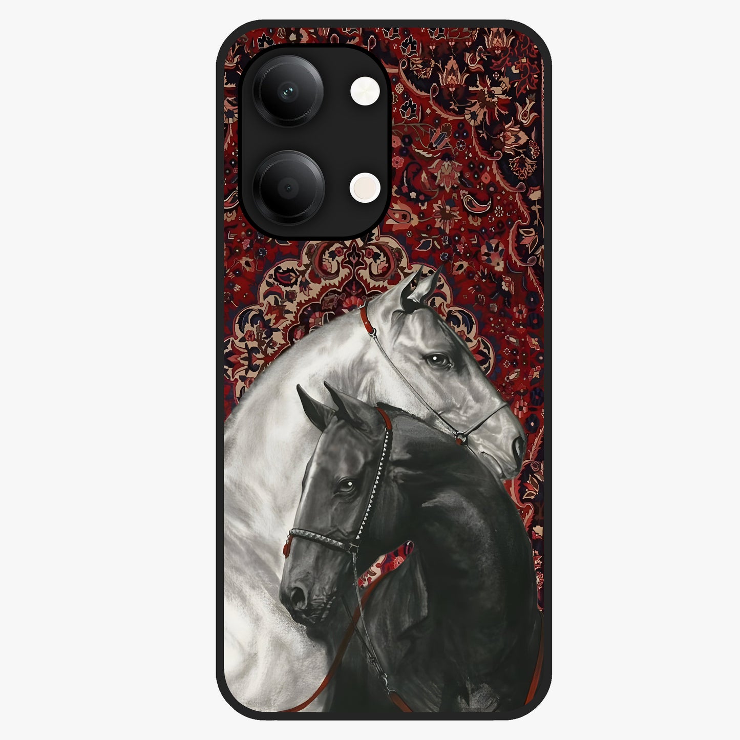 Regal Stallion Tapestry Glass Case showing flat back view with majestic horse tapestry artwork and glossy glass finish.