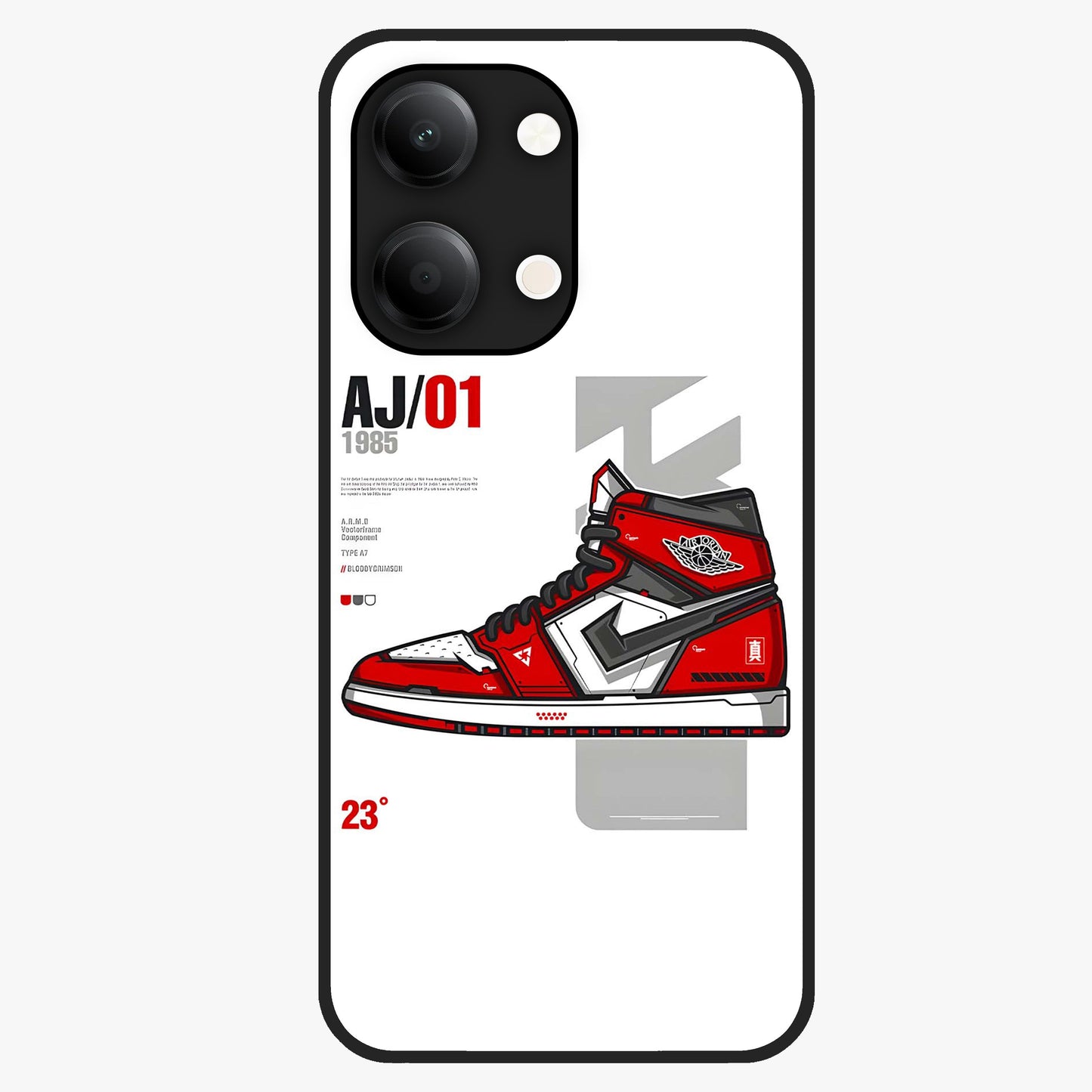 Retro Sneaker Blueprint Glass Case showing flat back view with sneaker blueprint style artwork and glossy glass finish.