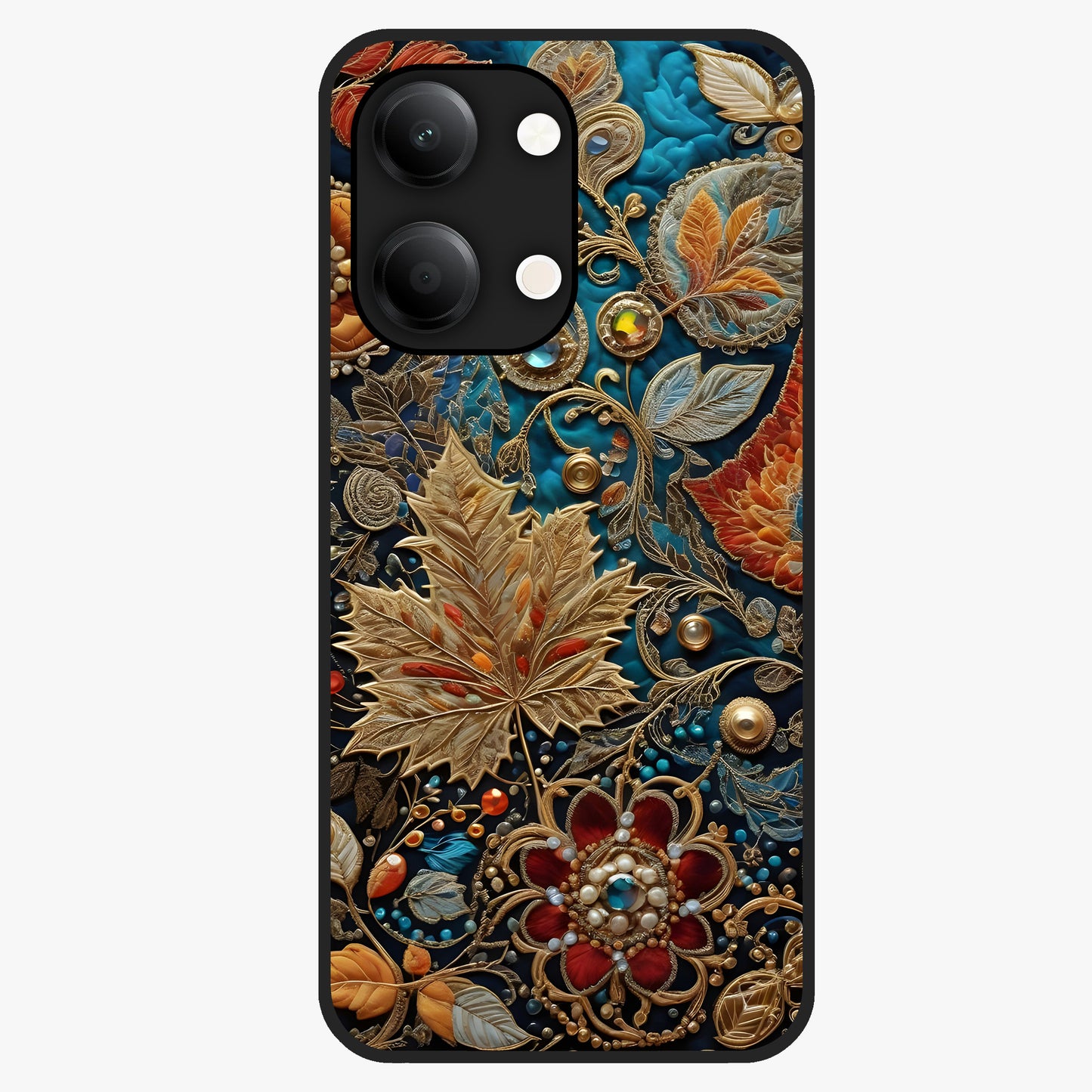 Royal Jewel Garden Glass Case showing flat back view with decorative floral garden artwork and glossy glass finish.