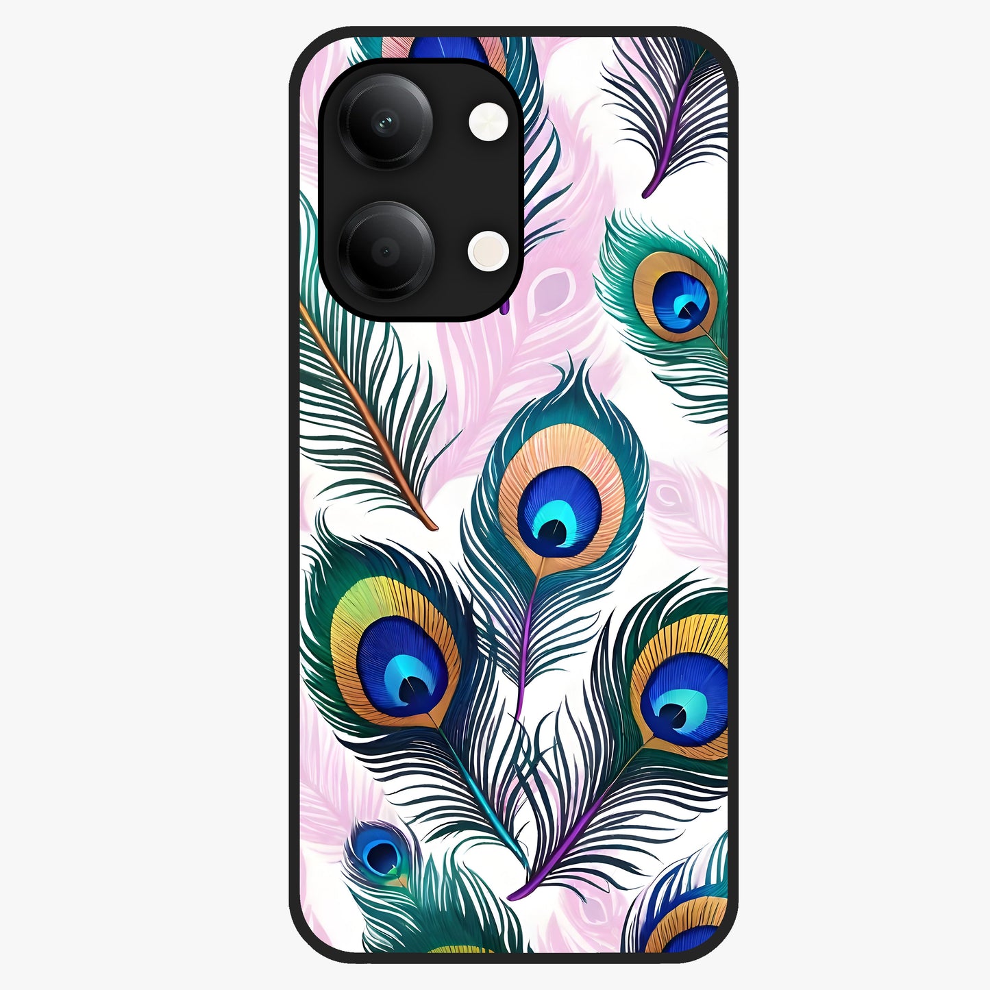 Royal Peacock Feathers Glass Case showing flat back view with colorful peacock feather artwork and glossy glass finish.