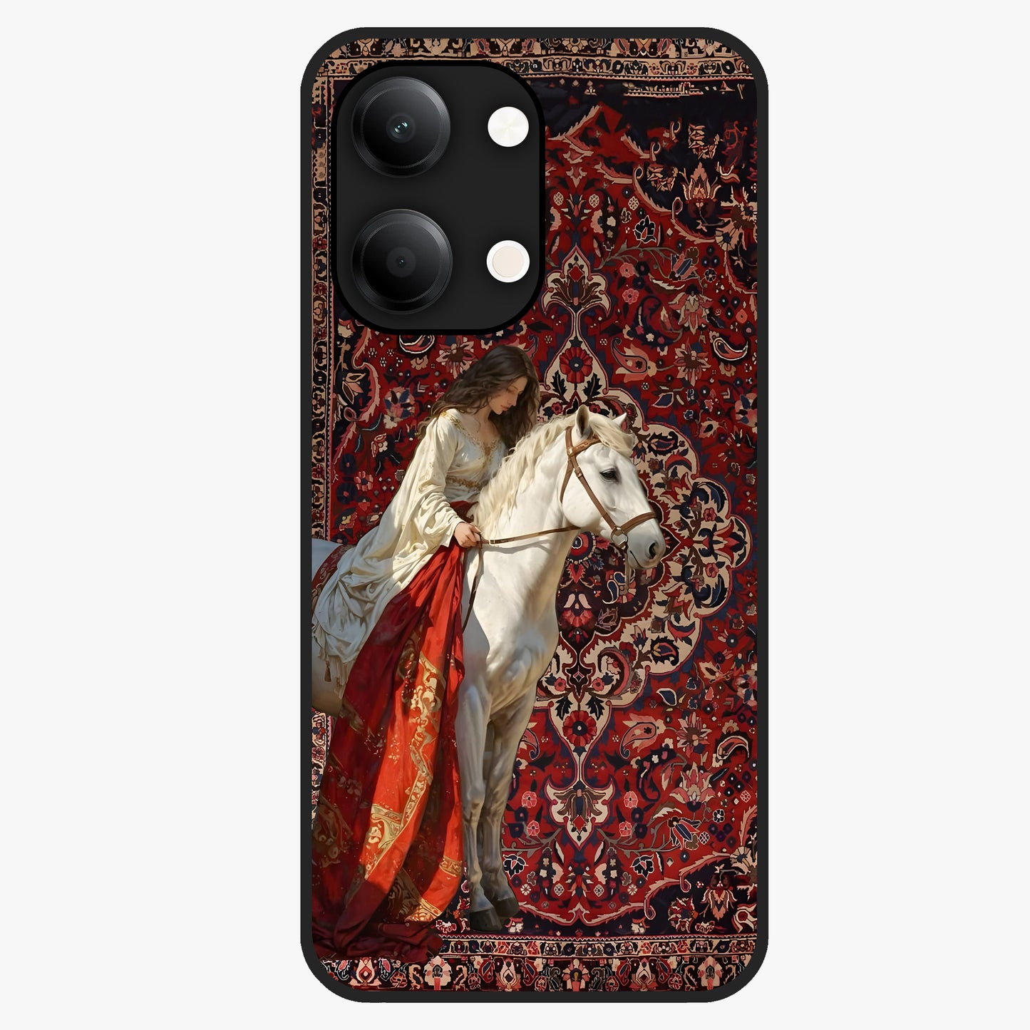 Royal Rider Tapestry Glass Case showing flat back view with majestic horse rider tapestry artwork and glossy glass finish.