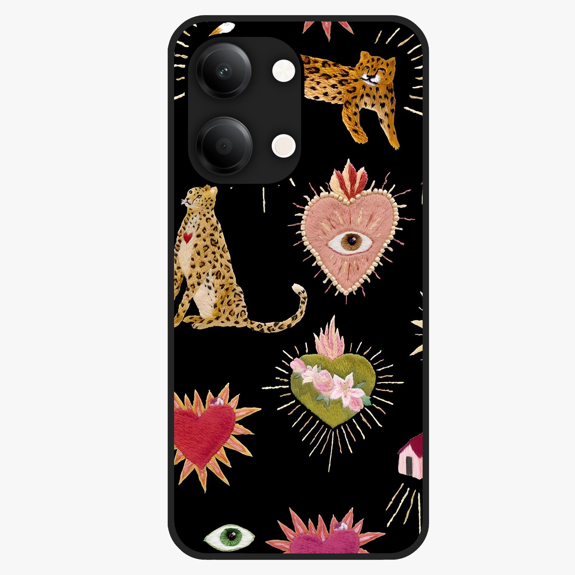 Sacred Jungle Heart Glass Case showing flat back view with jungle inspired heart artwork and glossy glass finish.