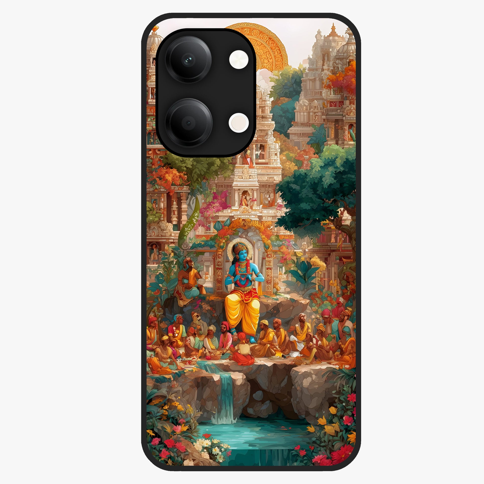 Sacred Sunlight Gods Glass Case showing flat back view with divine sunlight themed artwork and glossy glass finish.