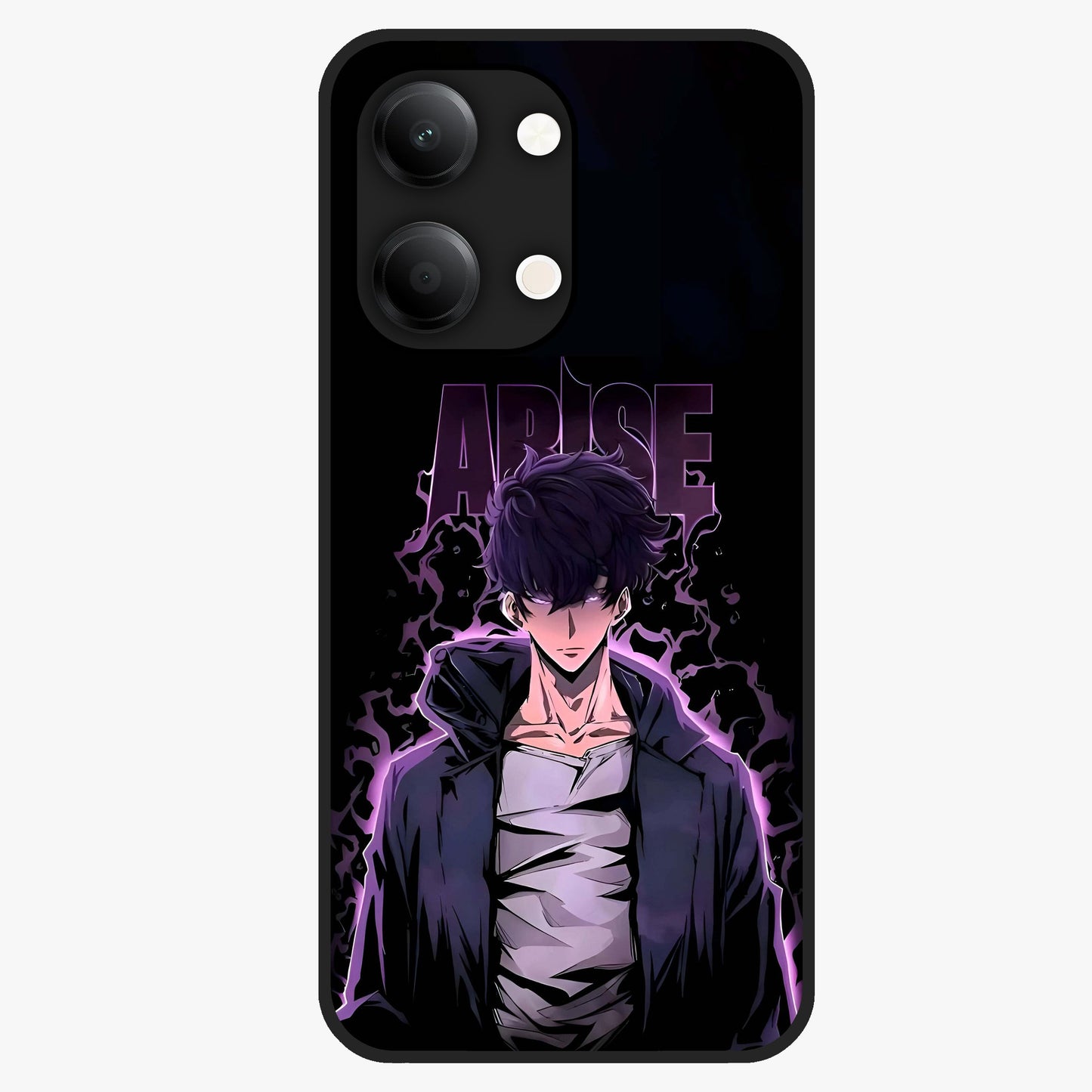 Shadow Monarch Awakening Glass Case showing flat back view with powerful dark monarch themed artwork and glossy glass finish.