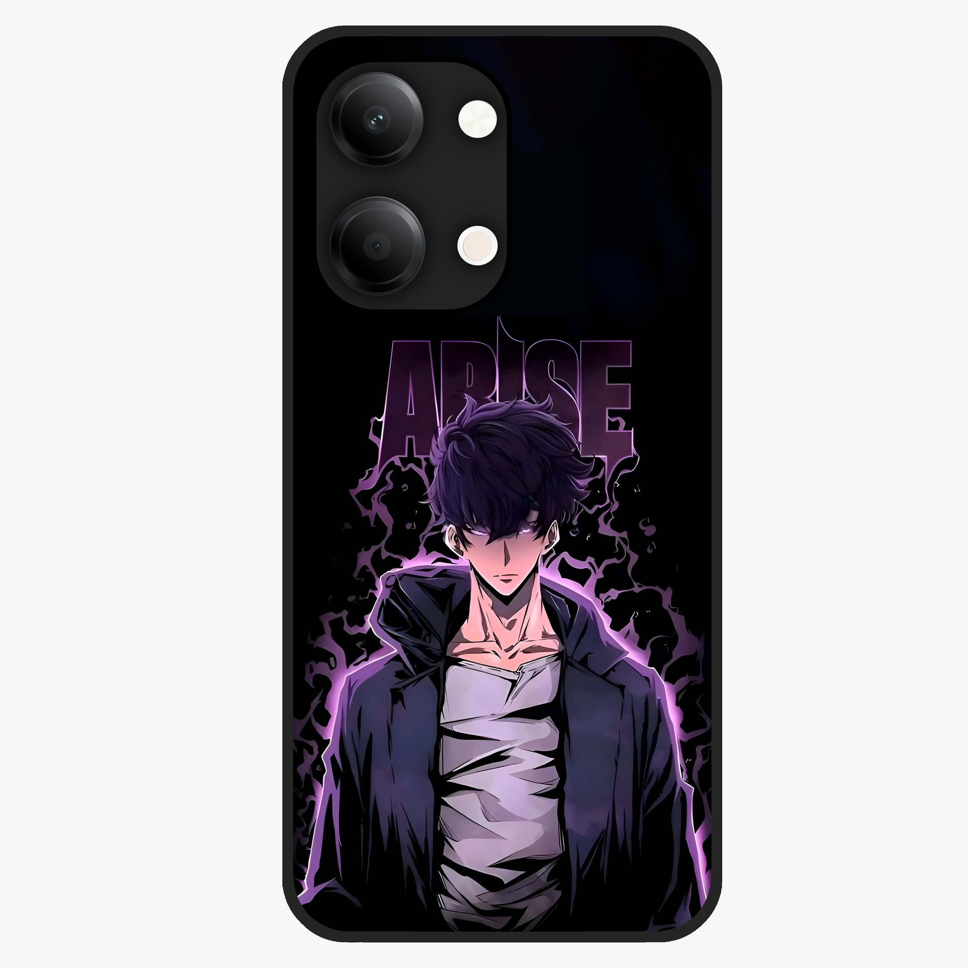 Shadow Monarch Awakening Glass Case showing flat back view with powerful dark monarch themed artwork and glossy glass finish.