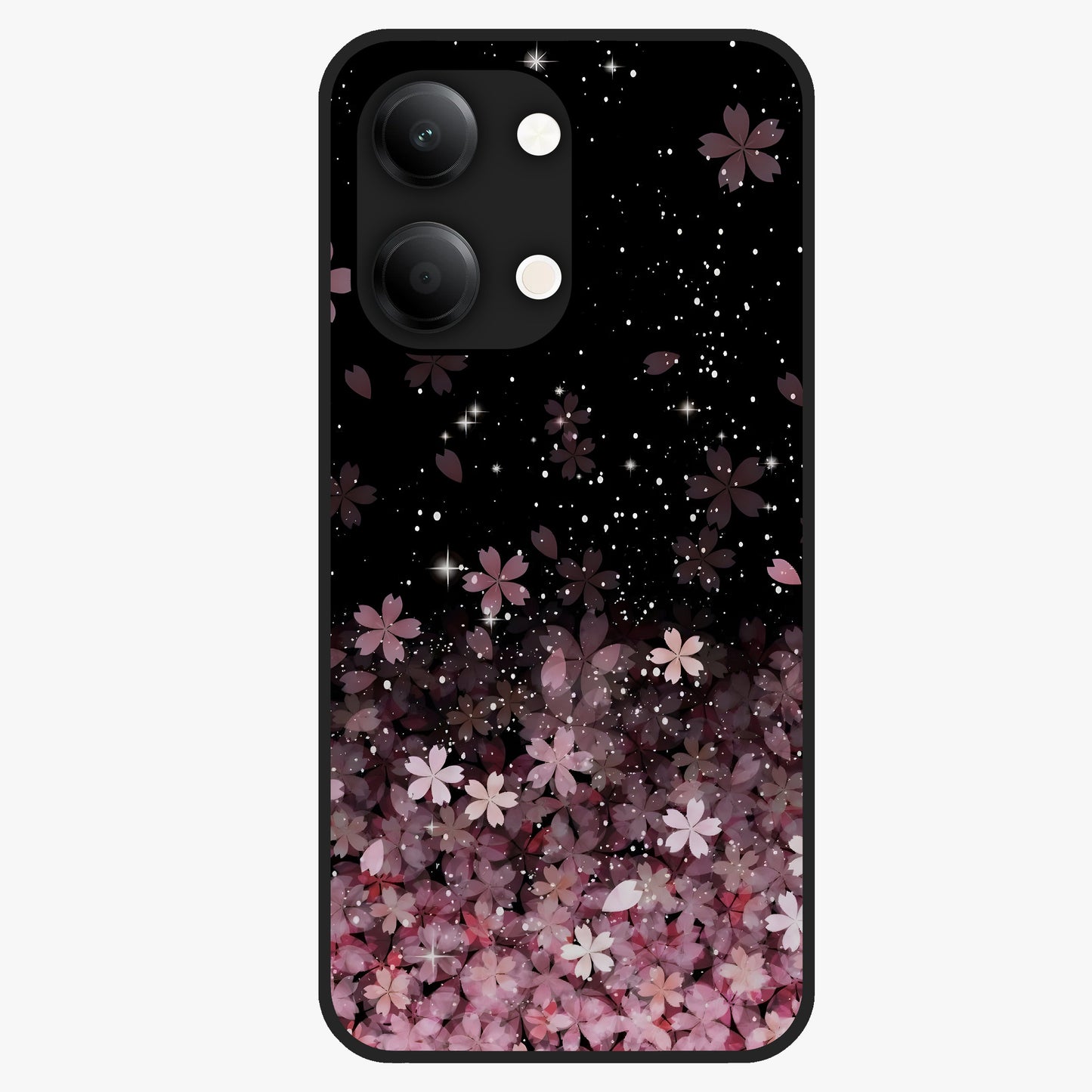Small Starry Flowers Glass Case showing flat back view with delicate starry floral artwork and glossy glass finish.