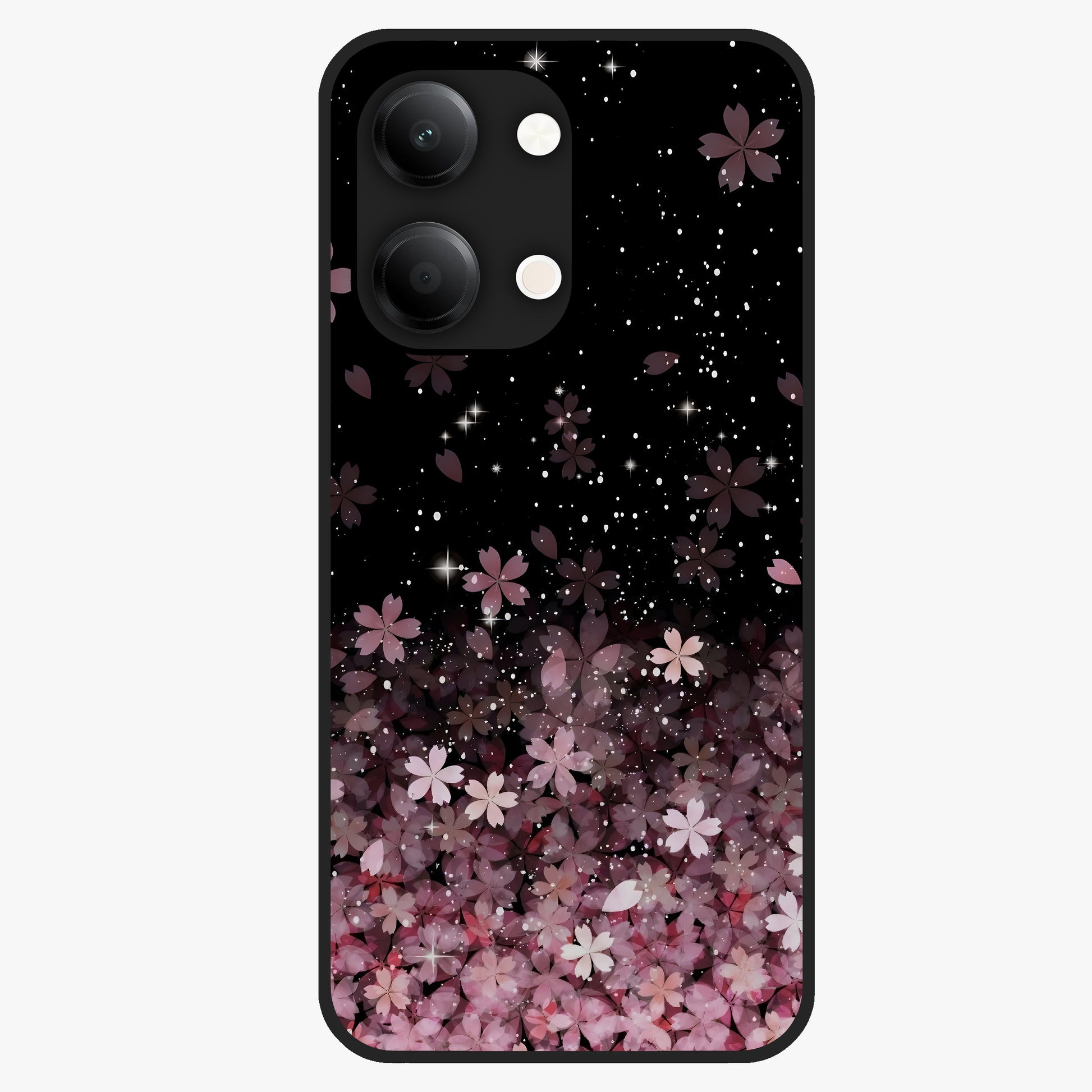 Small Starry Flowers Glass Case showing flat back view with delicate starry floral artwork and glossy glass finish.
