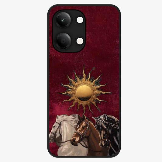 Solar Riders Glass Case showing flat back view with dynamic rider themed artwork and glossy glass finish.