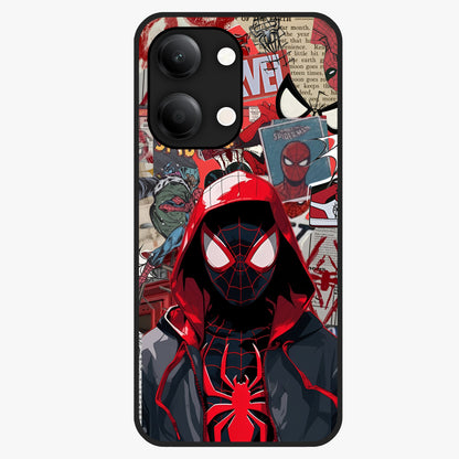 Spider Collage Street Glass Case showing flat back view with vibrant superhero collage artwork and glossy glass finish.