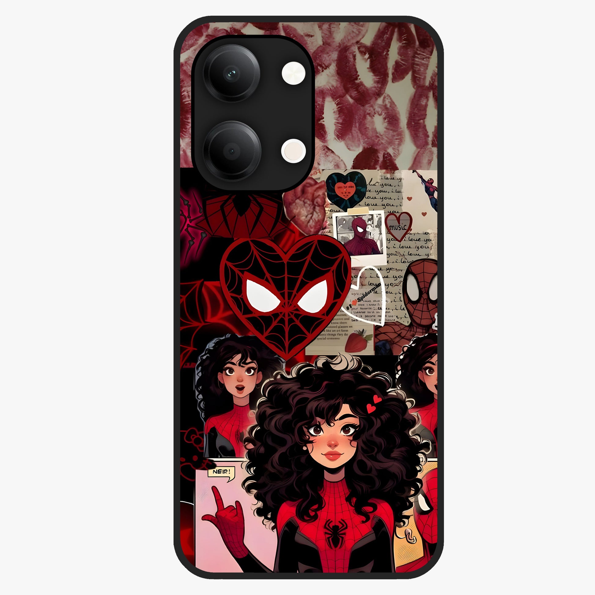 Spider Love Story Glass Case showing flat back view with romantic superhero themed artwork and glossy glass finish.