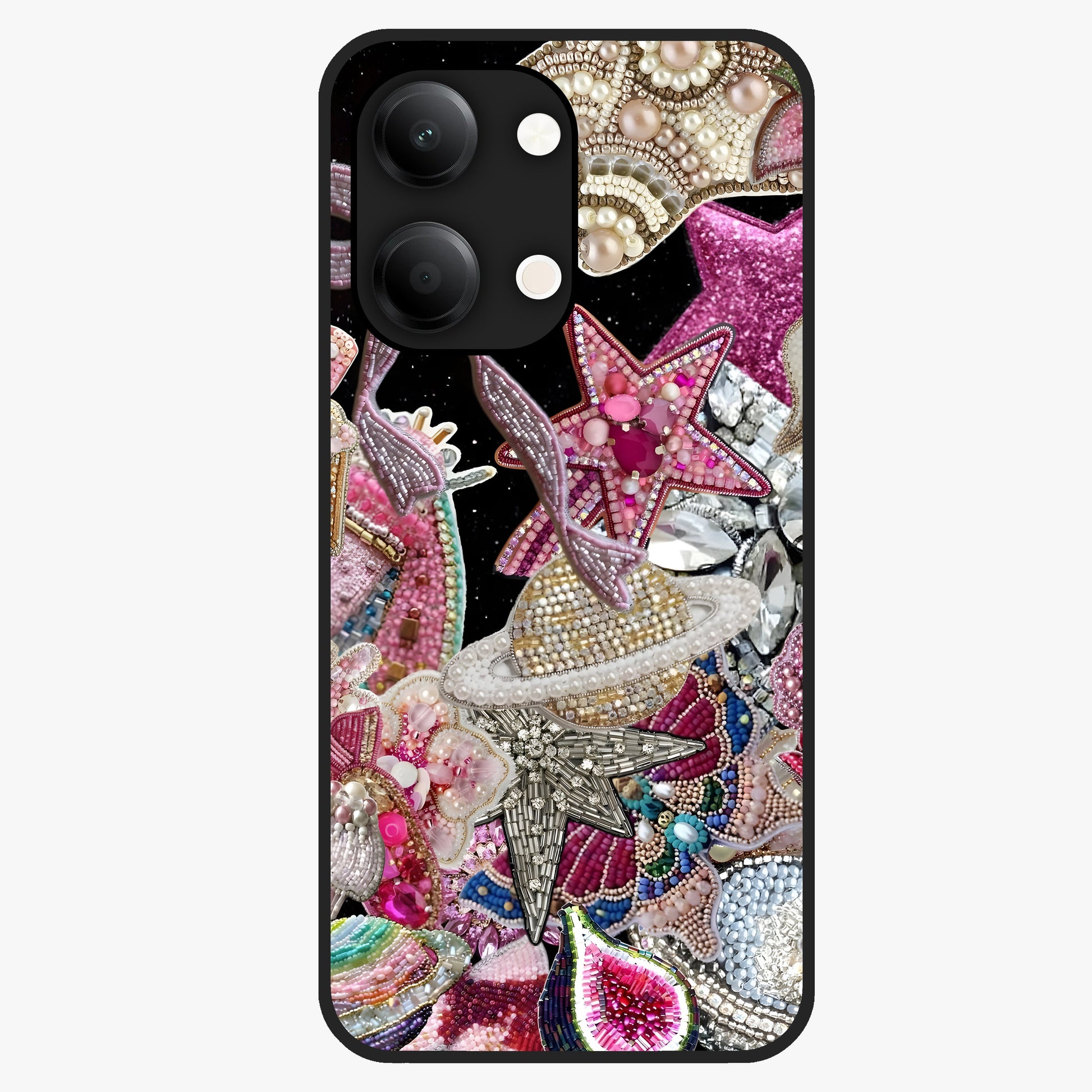 Starlit Jewel Dream Glass Case showing flat back view with sparkling jewel and star themed artwork and glossy glass finish.