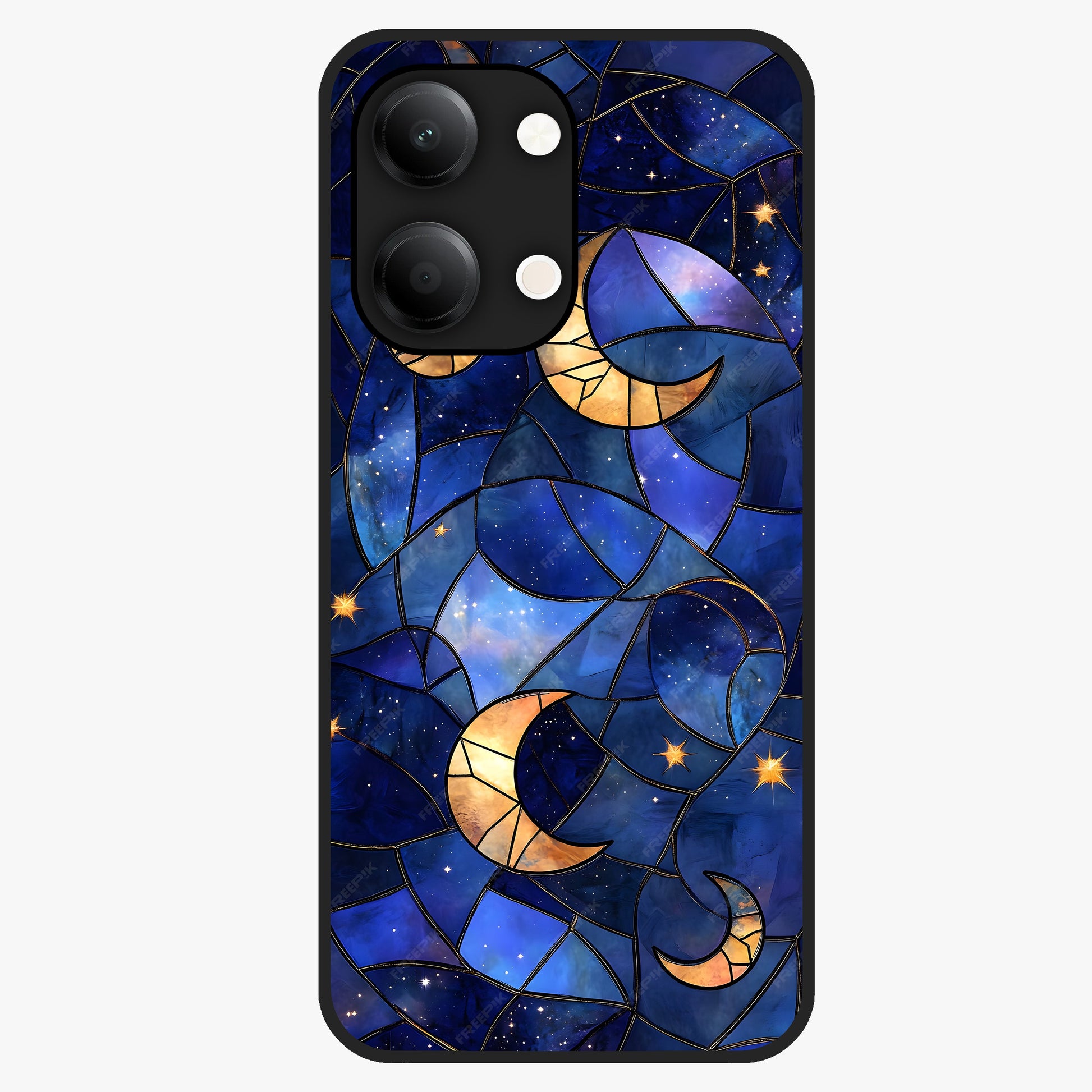 Starlit Sky Tapestry Glass Case showing flat back view with decorative starry sky tapestry artwork and glossy glass finish.