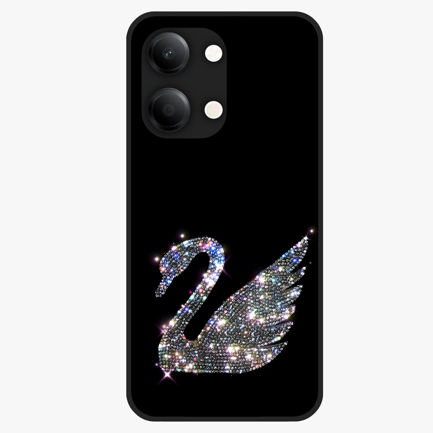 Starlit Swan Grace Glass Case showing flat back view with graceful swan artwork under starry sky and glossy glass finish.