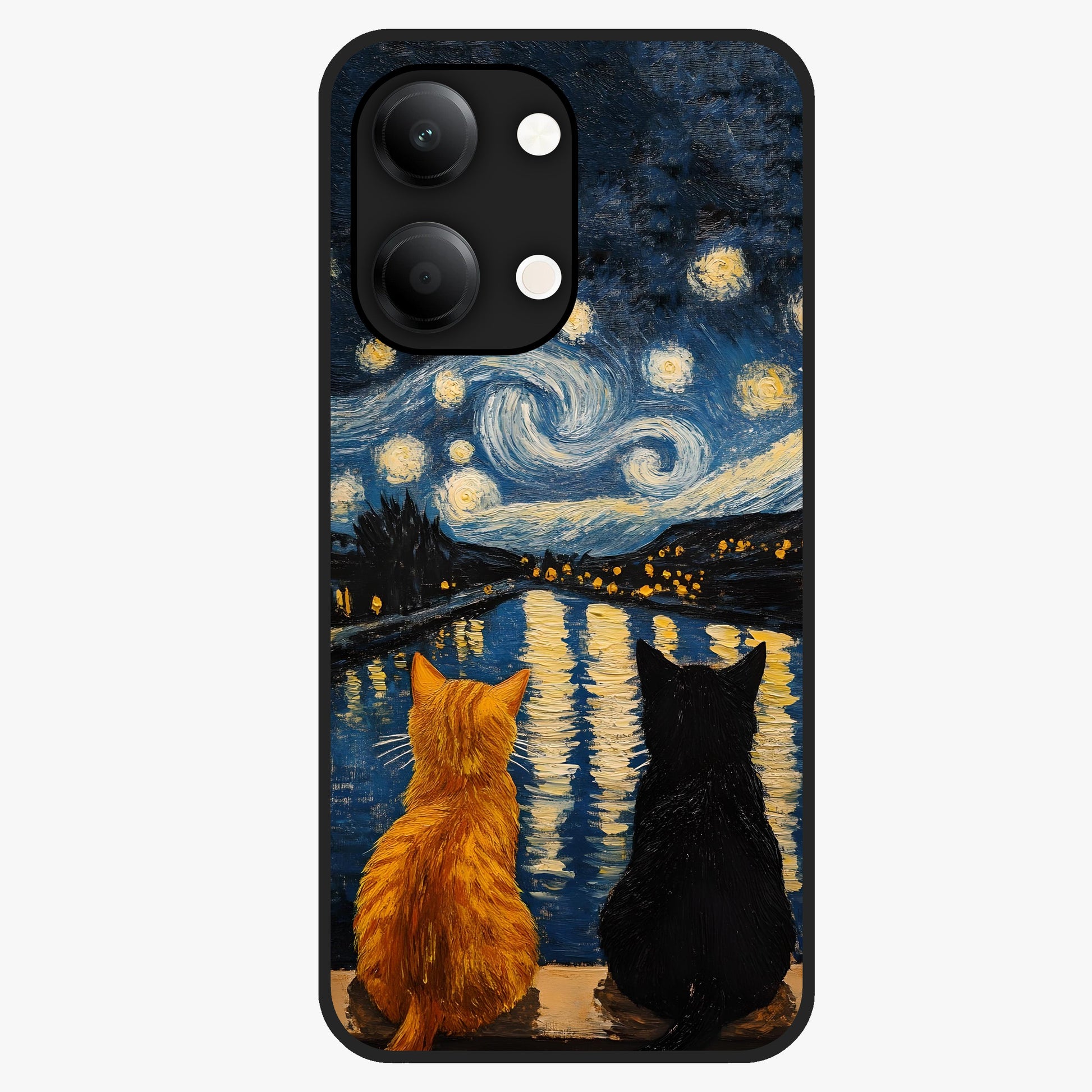 Starry River Cats Glass Case showing flat back view with cats by a starry river artwork and glossy glass finish.