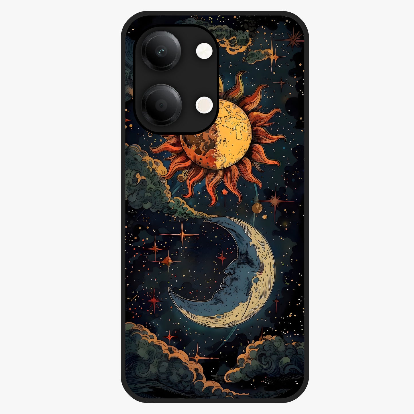 Sun And Moon Magic Design Glass Case showing flat back view with mystical sun and moon artwork and glossy glass finish.