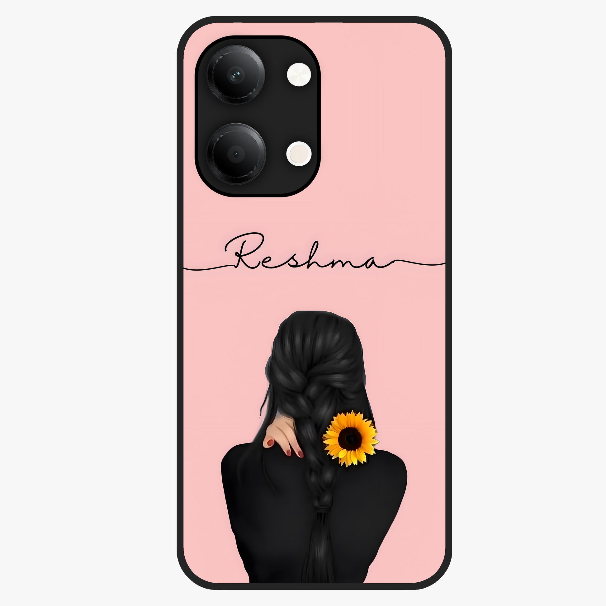 Sunflower Braid Beauty With Custom Name Glass Case showing flat back view with sunflower braid artwork and personalized name design.